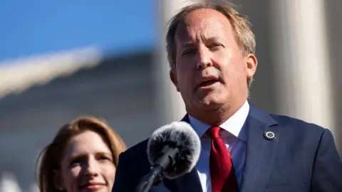 Texas Attorney General Ken Paxton speaks outside the U.S. Supreme Court on November 01, 2021 in Washington, DC