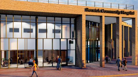 Artist's impression of Berwick Community Hospital showing a glass-fronted building with brick pillars