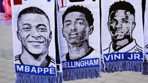 Scarves of Kylian Mbappe, Jude Bellingham and Vinicius Jr