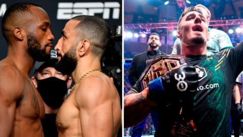 Split image of Leon Edwards facing off with Belal Muhammad beside Tom Aspinall celebrating with his UFC belt