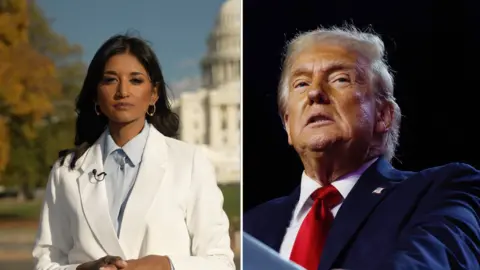 Sumi Somaskanda stands on the left and Trump stands on the right.