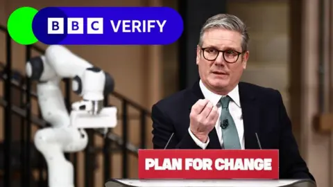 Sir Keir Starmer speaking at the launch of the AI plan. He is wearing a dark suit with a tie and is speaking behind a lectern with Plan For change written on it. 