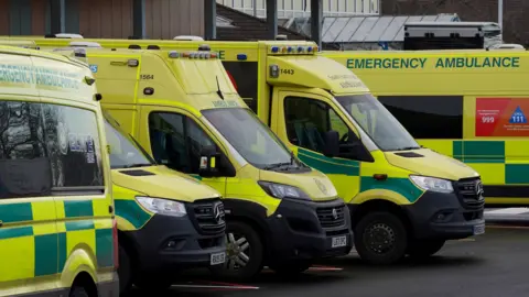 Ambulances line up outside a hospital A&E department 