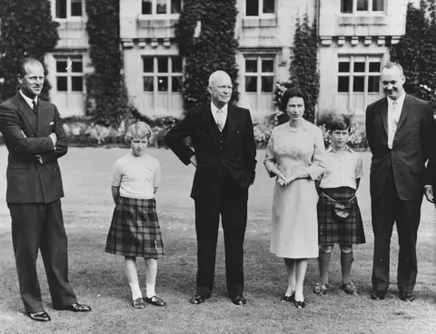 Getty Images President Eisenhower with the Queen and Prince Philip at Balmoral Castle in September 1959