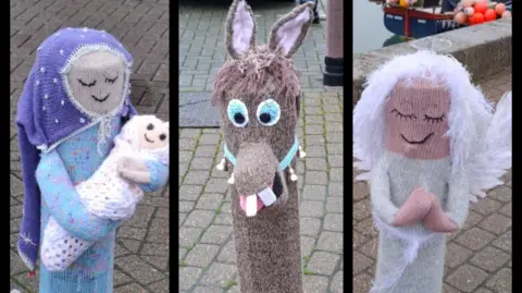 A collage with three photos next to each other. The pictures show knitted covers placed over bollards depicting characters from the nativity. This picture shows Mary with baby Jesus, the donkey, and an angel.