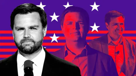 Three stylised depictions of JD Vance at various stages of his life. The recent photo of him on the left is in greyscale whilst there’s two red-tinted versions of him on the right. The background features a purple American flag with white stars and red stripes.