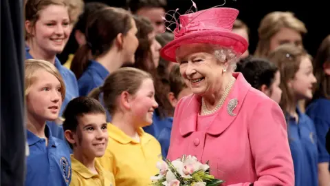 Getty Images HM Queen Elizabeth II meets schoolchildren as she visits the Venue Cymru Arena on April 27, 2010 in Llandudno