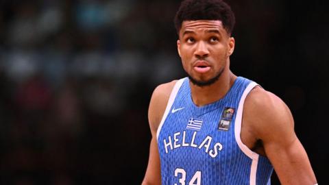 Giannis Antetokounmpo plays during the FIBA Men's Olympic Qualifying Tournament match between Dominican Republic and Greece on 3 July 2024 in Piraeus, Greece