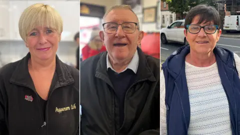 A composite image of three people, the first is a woman with blond hair, she is wearing a black jacket that says peppercorn cafe, the second is an elderly man, he is wearing glasses, a black jacket and shirt and jumper, the third is a lady with black hair, she is wearing a navy gilet with a white top. She aqlso has glasses.