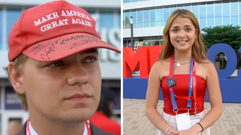 Young man wearing MAGA hat and young woman in front of arena
