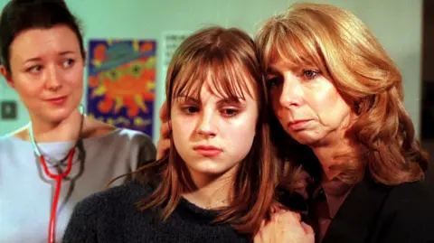 ITV Gail with her scared-looking young pregnant daughter Sarah, and a nurse