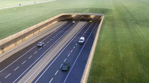 National Highways Visualisation of the proposed A303 Tunnel West portal approach, released as part of the A303 Stonehenge (Amesbury to Berwick Down) project.