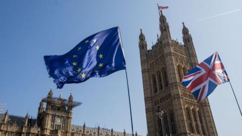 EU and the Union Flag flying at Westminster