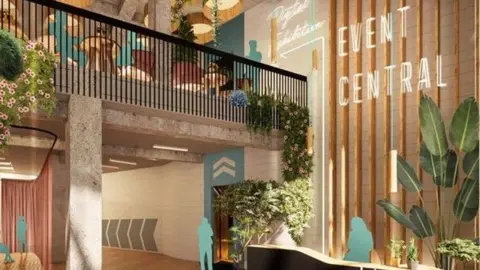 An artist's impression shows the inside of a building with a mezzanine floor. On the right there is wood panelled wall with a neon sign saying Event Central. On the mezzanine floor there are tables and chairs. There are also large plants and hanging vines across the walls and balcony