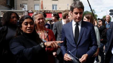 French Prime Minister Gabriel Attal and Ensemble Pour La Republique candidate and French Government spokesperson Prisca Thevenot visit Meudon