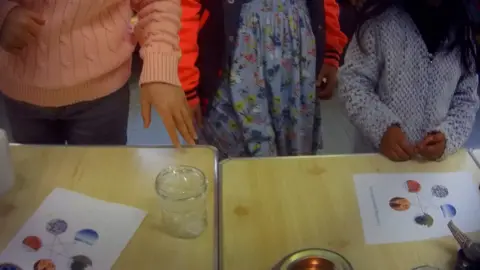 Children looking at a desk 