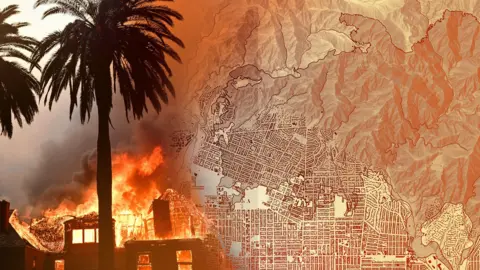 A treated image that shows a house burning behind a palm tree next to a map of Los Angeles 