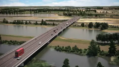 A computer generated picture of a new bridge over the River Thames, with two lanes of traffic going in both directions