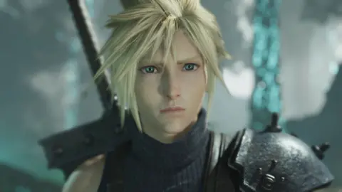 A computer-generated image shows a blond male character with asymmetrical spiky hair looking forlorn as he stares into the distance. The hilt of an oversized sword strapped to his back is visible.