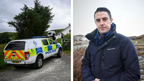 A composite image of a police vehicle on Skye and BBC reporter Iain Macinnes