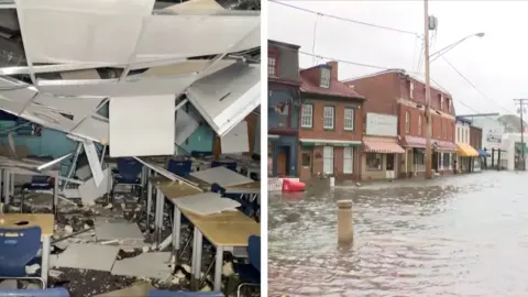 Split screen image of damaged school and flooded street