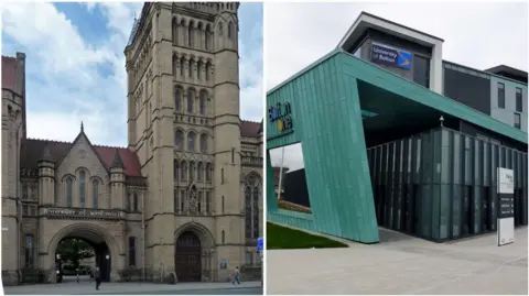 Geograph/Stephen Richards/Rude Health Collage of Victorian-era entrance arch and tower of University of Manchester alongside modern green and glass building at the University of Bolton