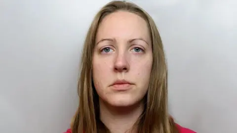 Lucy Letby mugshot in red hoody - medium length brown hair and blue eyes with thin eyebrows