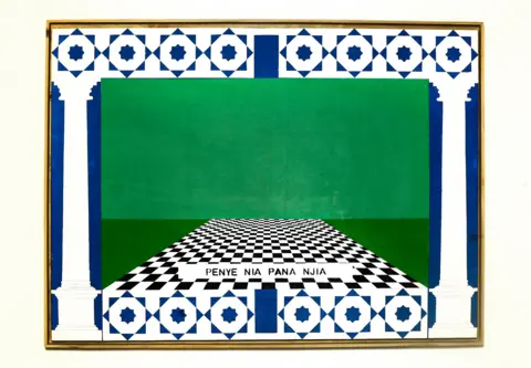 Kairos Futura A woodcut featuring columns on the left and right hand side and Islamic style blue tile borders at the top and bottom. Inside, a chequered black-and-white floor goes to the horizon, which is green.