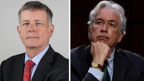 Composite image of Sir Richard Moore, MI6 chief, a man with short dark grey hair wearing a suit with red tie, and William Burns, head of the CIA, a man with wavy light grey hair leaning forwards with his chin on his hand, with a microphone in front of him 