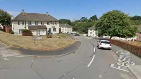 Google Fegen Road on a sunny day in Plymouth with a white BMW parked on the road and a dry looking patch of grass outside a set of houses. A large tree is on the right of the road.