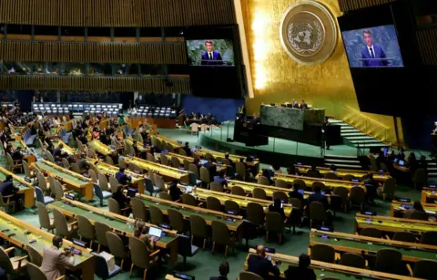 French President Emmanuel Macron speaks during the 79th Session of the United Nations General Assembly at the United Nations headquarters in New York City on 25 September 2024