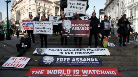 Getty Images A group of protesters hold up placards in support of Julian Assange