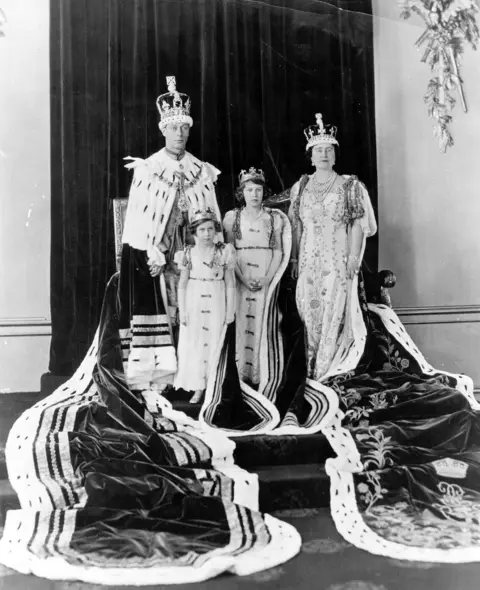 Getty Images The newly crowned King George VI & Queen Elizabeth with Princesses Elizabeth & Margaret