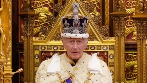 King Charles III pauses during the State Opening of Parliament at the Houses of Parliament on November 7, 2023 in London