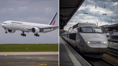 EPA/ Getty Images A composite image showing an Air France Boeing 777 and a high-speed TGV train