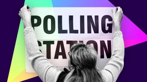 A woman holding a polling station sign