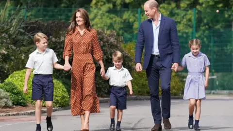 PA Media Prince George, the Princess of Wales, Prince Louis, the Prince of Wales and Princess Charlotte walking hand-in-hand on the children's first day at Lambrook School