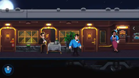 Robust Games Screen shot shows a pixel-art scene on board an opulent vintage train carriage. One character in a black dinner jacket sits at a dining table, and a woman dressed in 50s style clothing leans against a wall as she speaks on an old-style corded telephone. A man in a bright blue dinner jacket strolls purposely up the carriage.