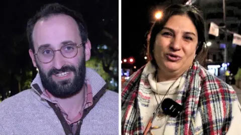 Split screen of man in Tel Aviv and woman in Beirut 