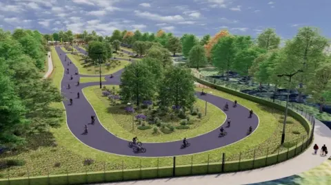 A CGI image of cyclists on a track which is surrounded by grass and trees.