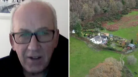 A compilation picture of a drone shot of the villa and a video call screenshot of Peter Becksley