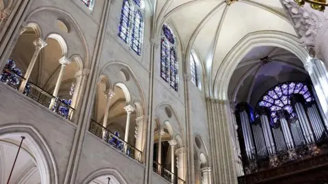 The vaulted ceiling of the Notre Dame cathedral