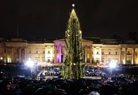 People stand in Trafalgar Square to watch the tree's Christmas lights being turned on