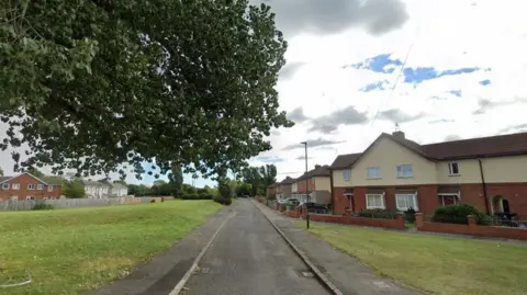 A Google Street View screenshot of Eversham Road in Grangetown. There are houses to one side of the narrow road, with a strip of grass to the left and further homes in the distance. 