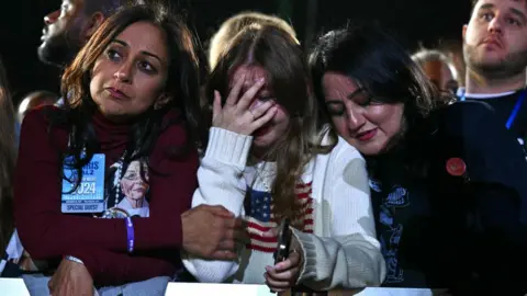 Supporters react to election results during an election night event for US Vice President and Democratic presidential candidate Kamala Harris at Howard University in Washington, DC, on November 5, 2024