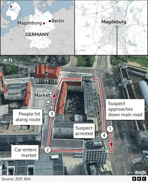 A plan of the Christmas market in Magdeburg shows the route of the attack 