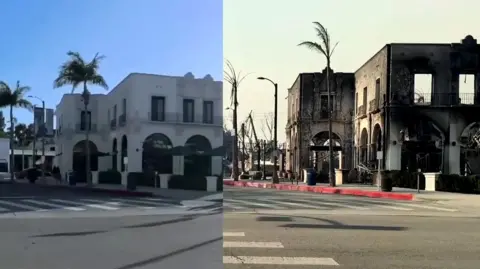 Before and after image of a building damaged by a wildfire in Los Angeles 