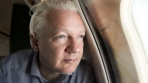 Julian Assange looks out of an aeroplane window