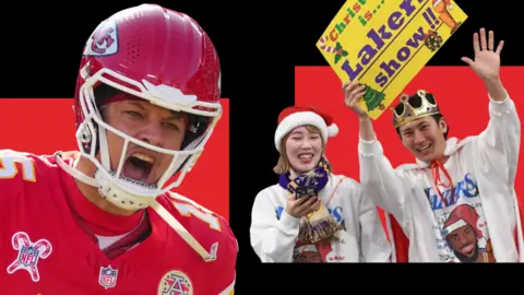 Split image of Patrick Mahomes shouting and Los Angeles Lakers fans at a Christmas game