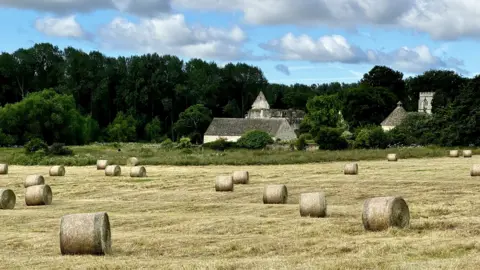 Kurt Dressel MONDAY - Round hay bales are in the foreground in a field of freshly cut grass. Behind you can see three grey stone buildings nestled in dark green trees. There is a blue sky overhead with white clouds.